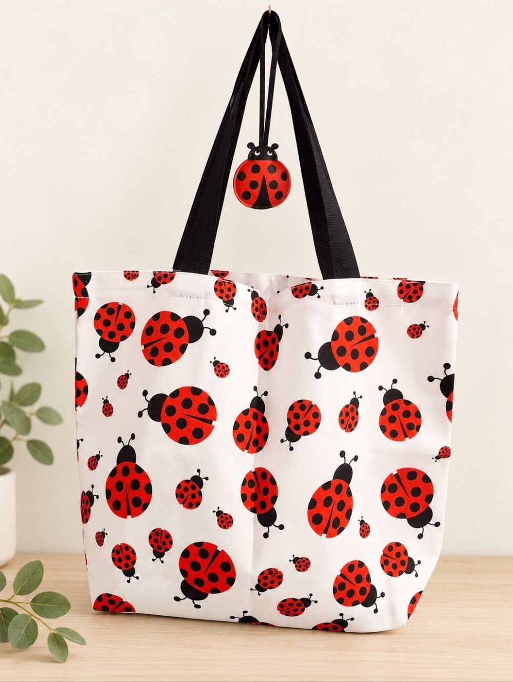 Ladybug Print Large Tote Bag + Matching Ladybug Bag Charm Set